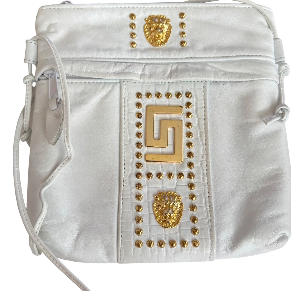 Park Avenue INT White Leather Crossbody Gold Lion Vintage Made in USA‎ 8x9" EUC